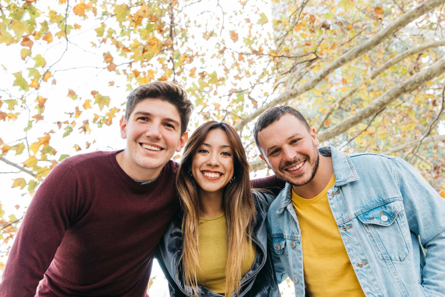 Three people under a tree smiling